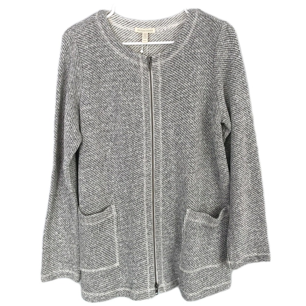 Eileen Fisher Cardigan Jacket Women M Gry Organic Cotton Knit Zip Up Pockets NWT